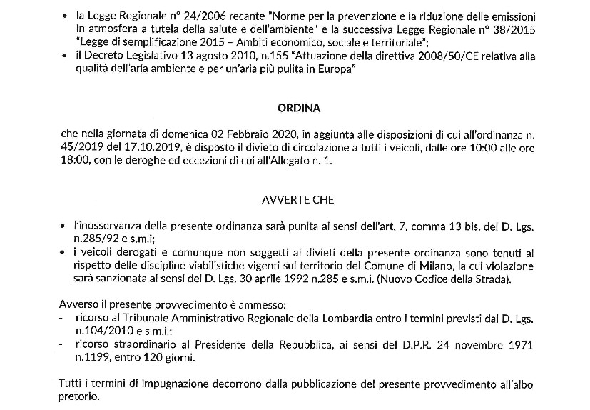 Ordinanza del sindaco di Milano: blocco del traffico del 2 febbraio 2020