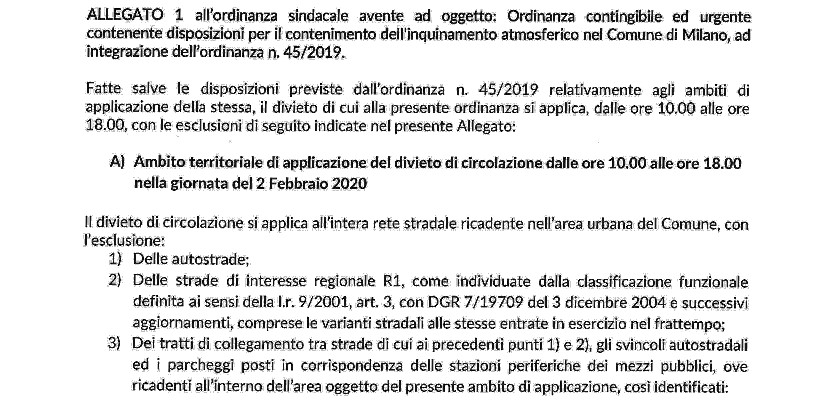 Ordinanza del sindaco di Milano: blocco del traffico del 2 febbraio 2020