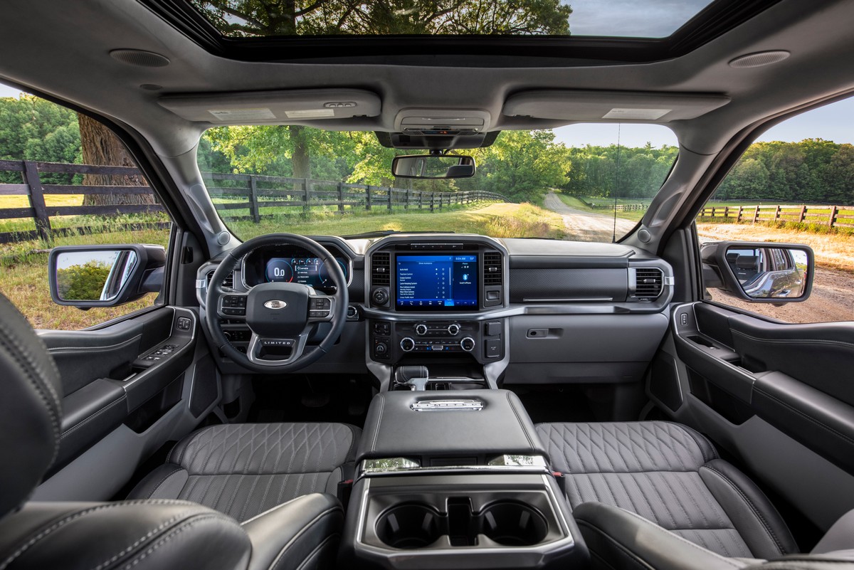 The cabin is completely redesigned with more comfort, technology and functionality for truck customers along with more premium materials, more color choices and more storage. Shown here is the interior of the all-new F-150 Limited.