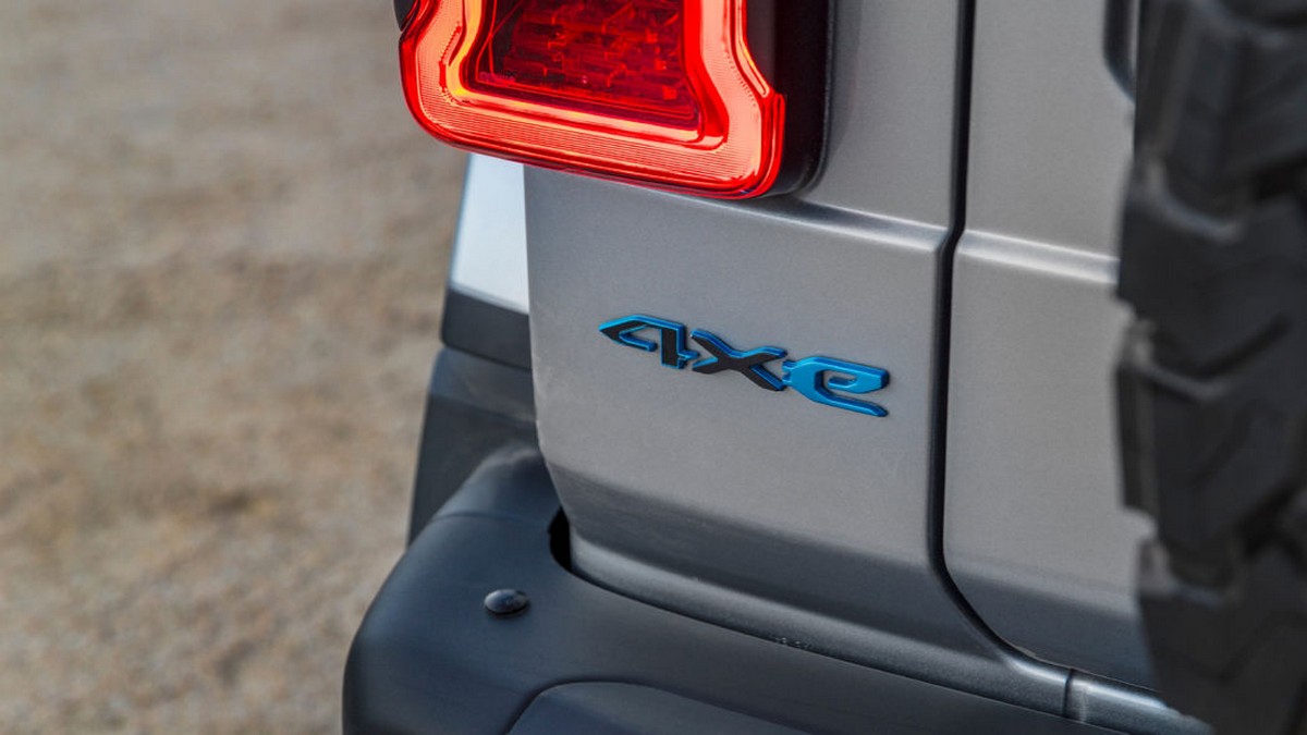 Surf Blue accents the 4xe badge and tow hooks on the 2021 Jeep® Wrangler 4xe.