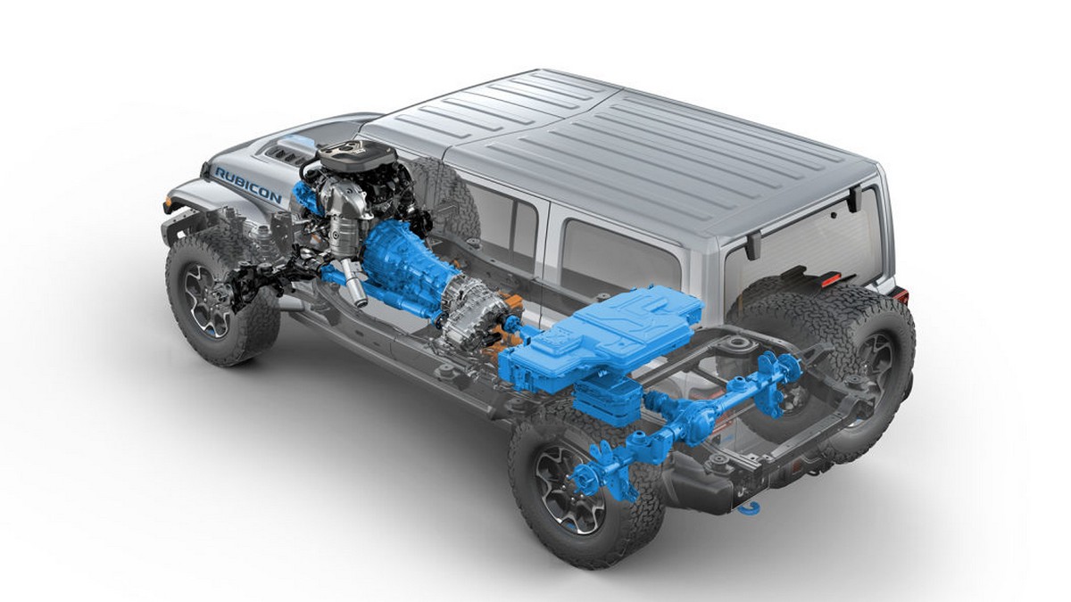 Rear three-quarters view of the 2021 Jeep® Wrangler Rubicon 4xe hybrid electric. Highlighted components are unique to the Wrangler 4xe.